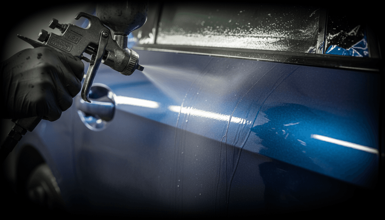 Paint spray gun applying clear coat to a vehicle panel