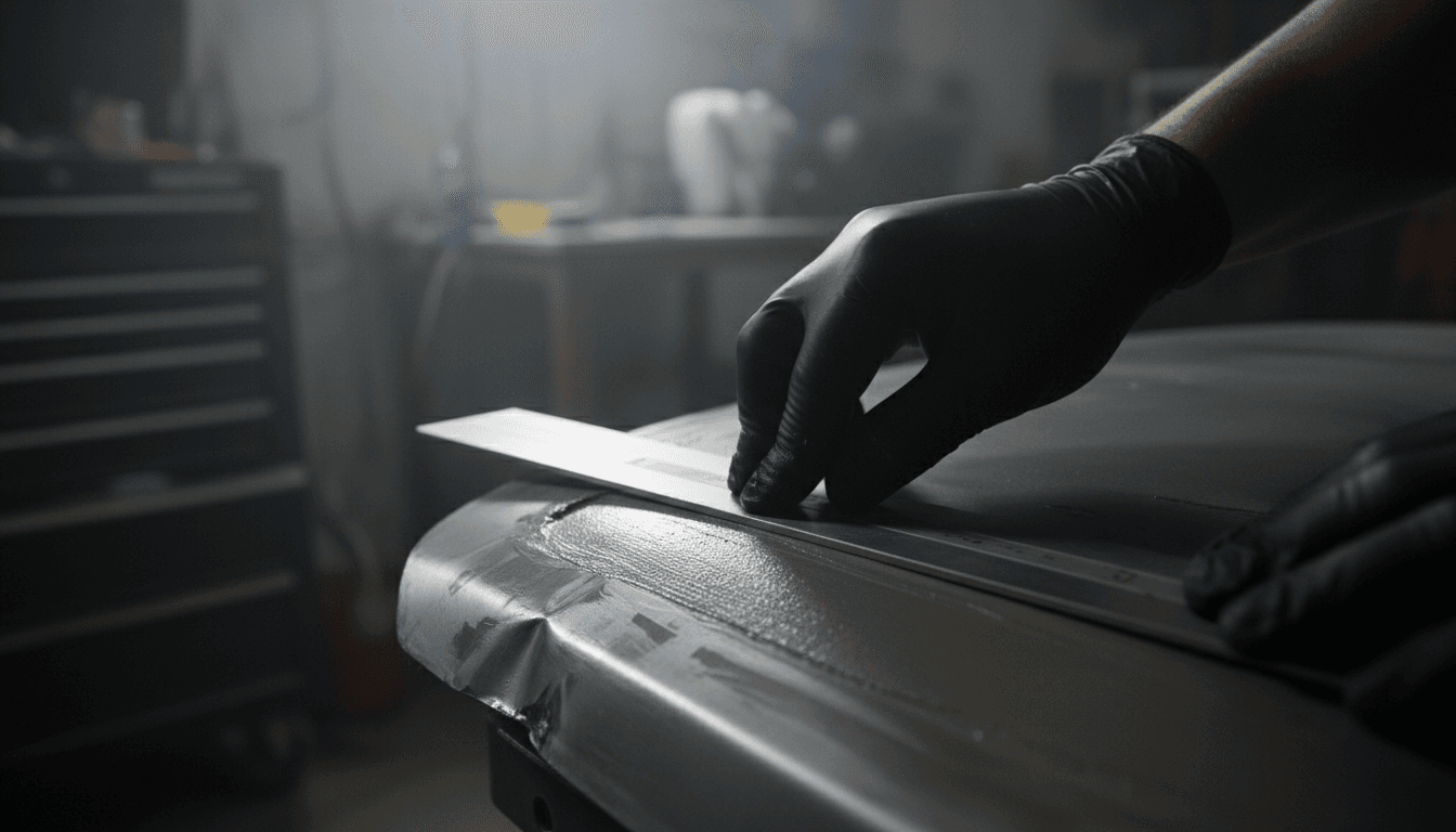 Technician applying body filler with precision