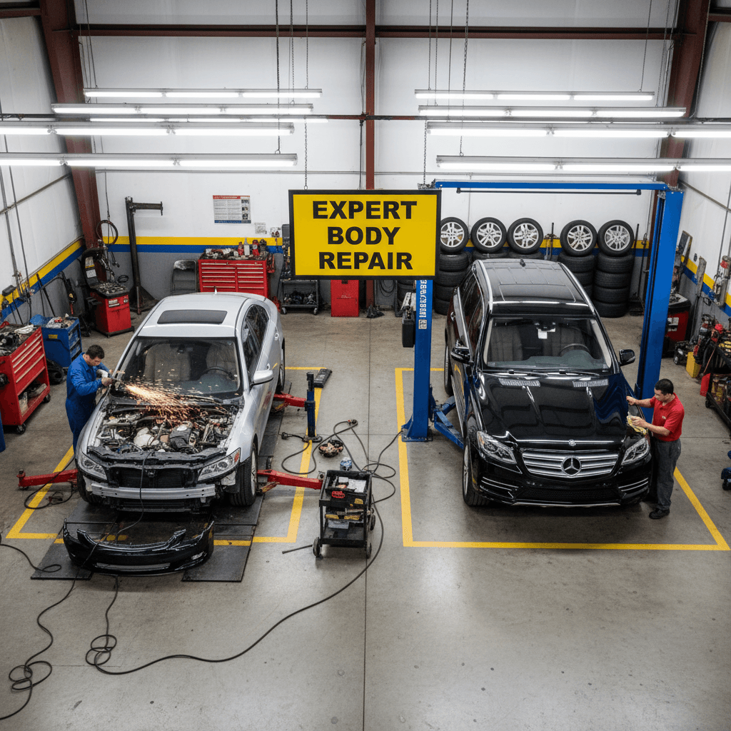 Frame repair process in the shop, two cars side by side