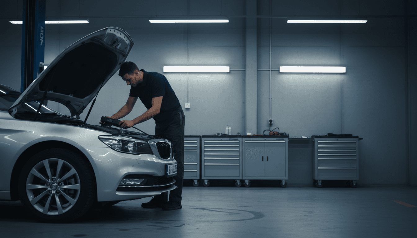 Auto mechanic diagnosing a car in a New Jersey repair shop