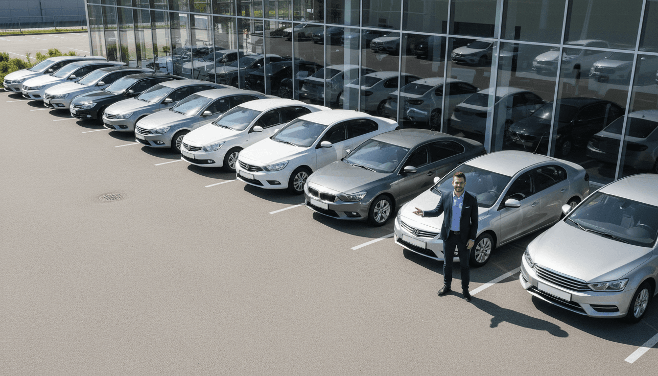 Professional rental staff standing beside diverse fleet of well-maintained vehicles arranged on sunny outdoor lot