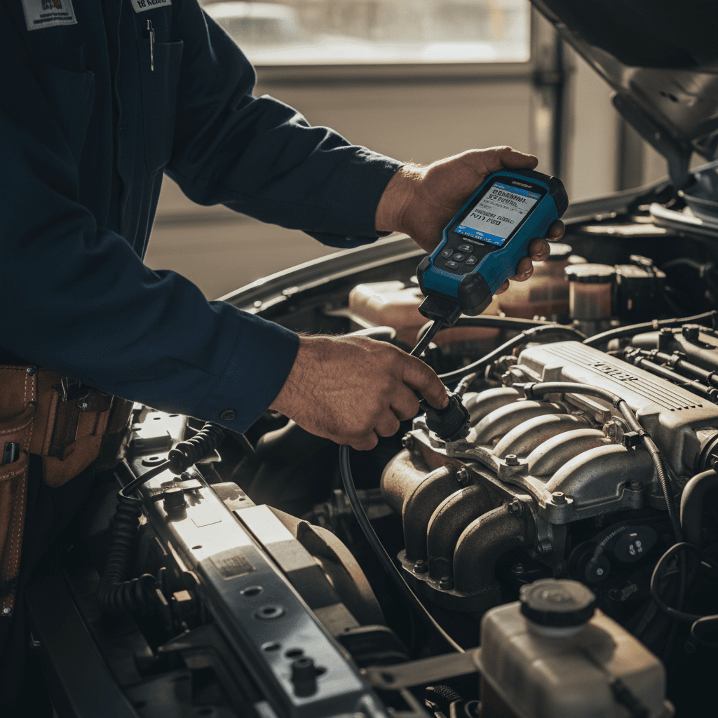 Certified technician's hands performing vehicle diagnostic scan with professional scanner tool on car engine