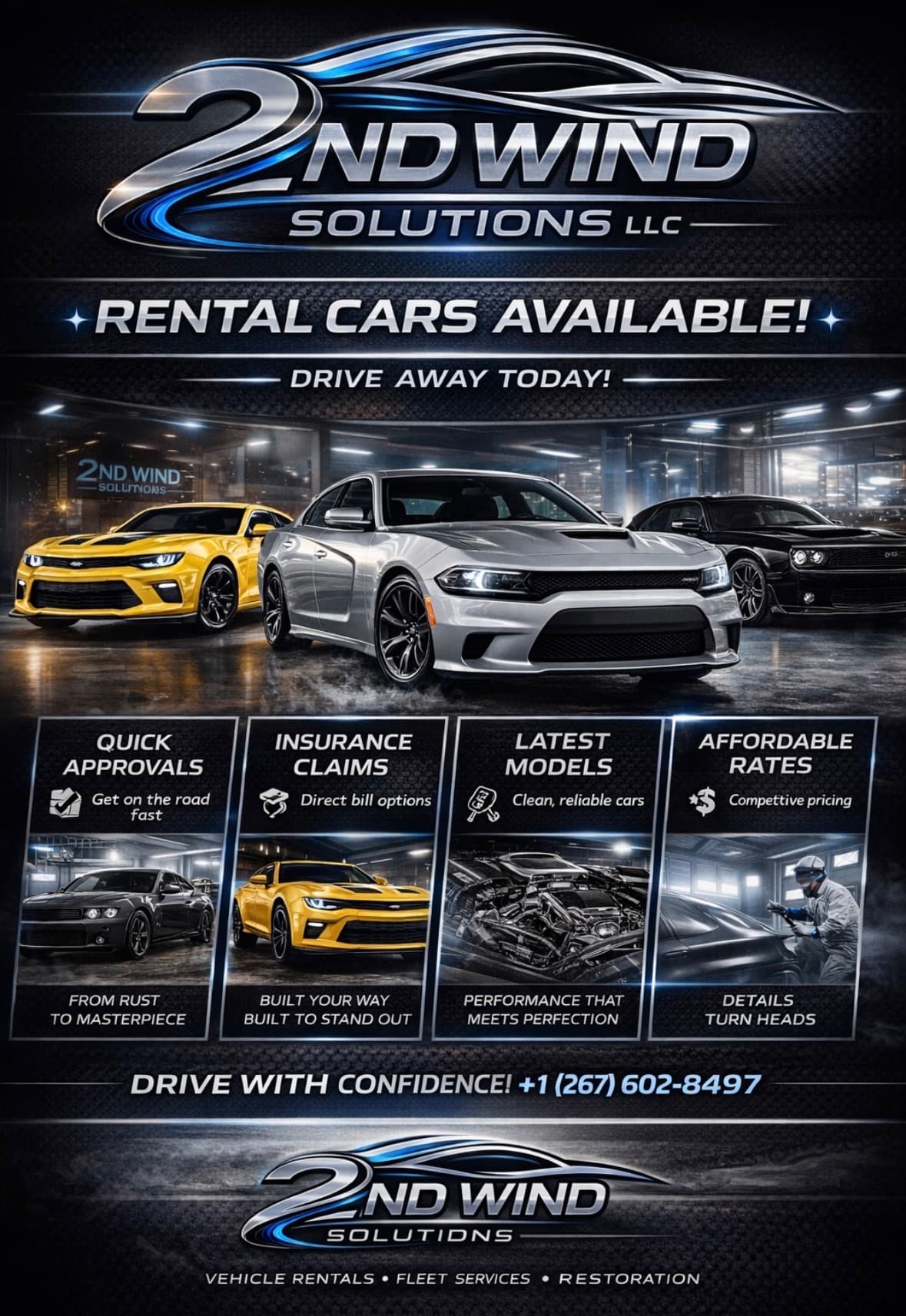 2nd Wind Solutions LLC advertisement highlighting rental cars, quick approvals, insurance claims, and vehicle restoration.