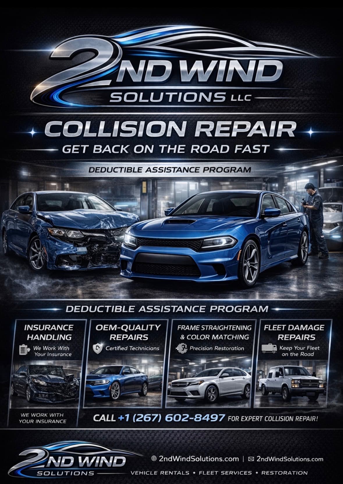 2nd Wind Solutions LLC collision repair advertisement featuring before and after vehicle restoration photos.