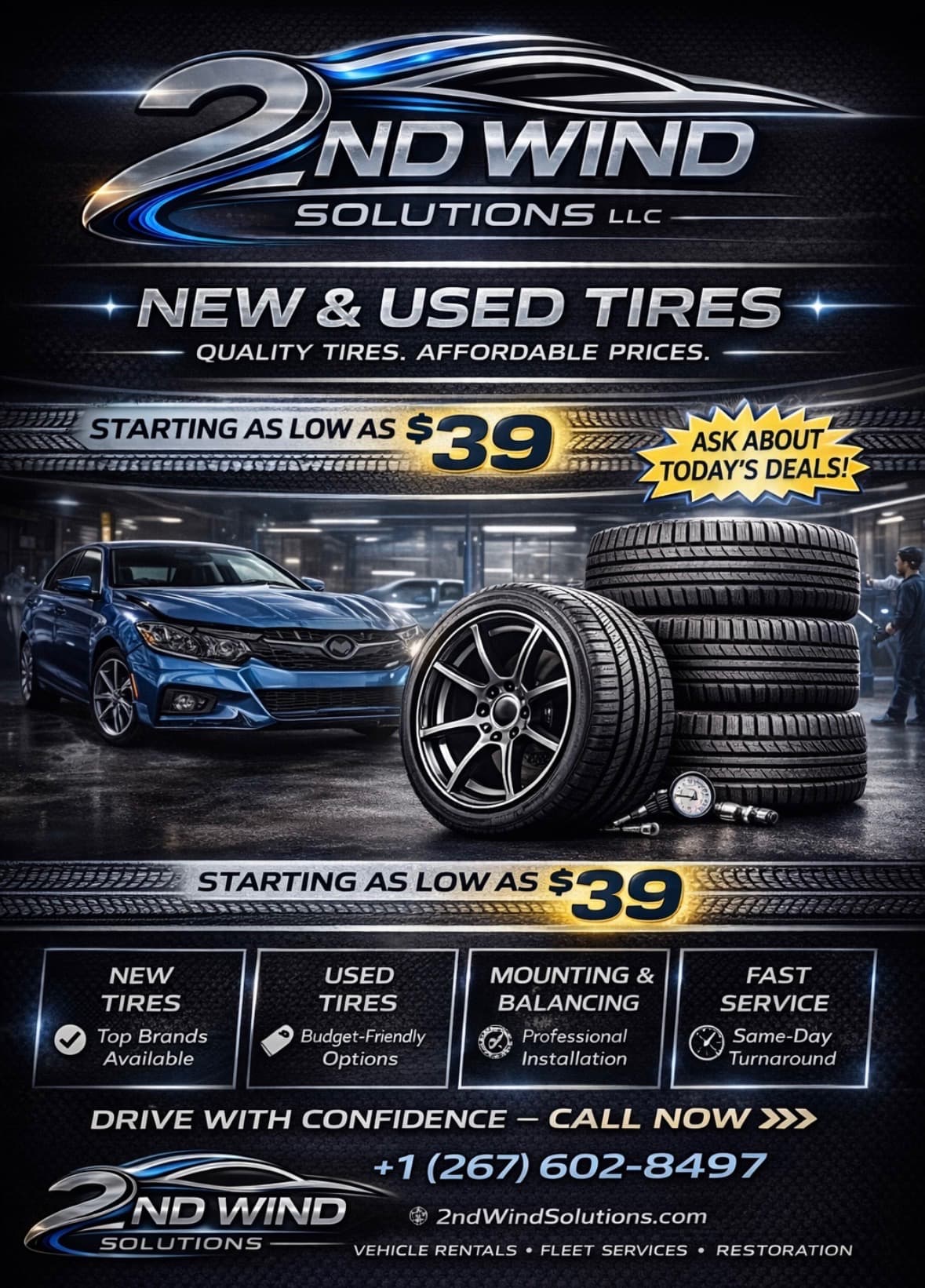 Promotional flyer for 2nd Wind Solutions featuring a blue car and tires starting at $39.